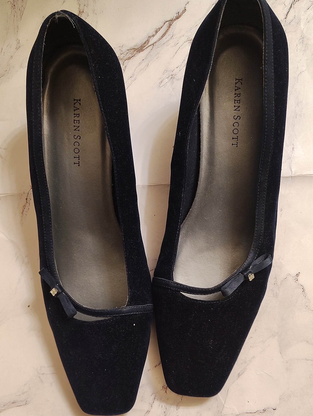 Karen Scott Blue Velvet Square-Toe Ballet Flats with Bow Accent